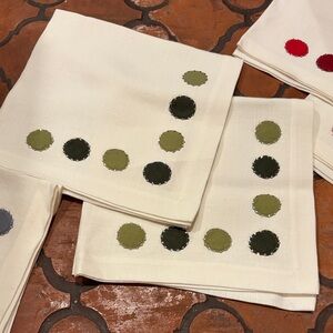 Cream Linen Premium Napkins with Green Red and Silver Accents